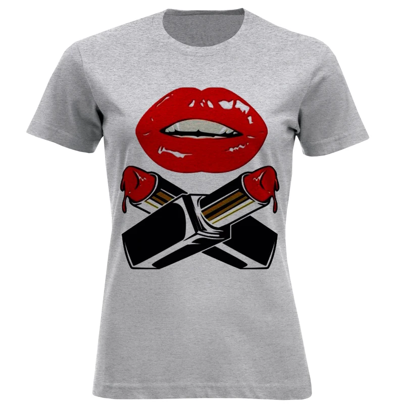 تی شرت آستین کوتاه زنانه مدل لب و رژ F1075