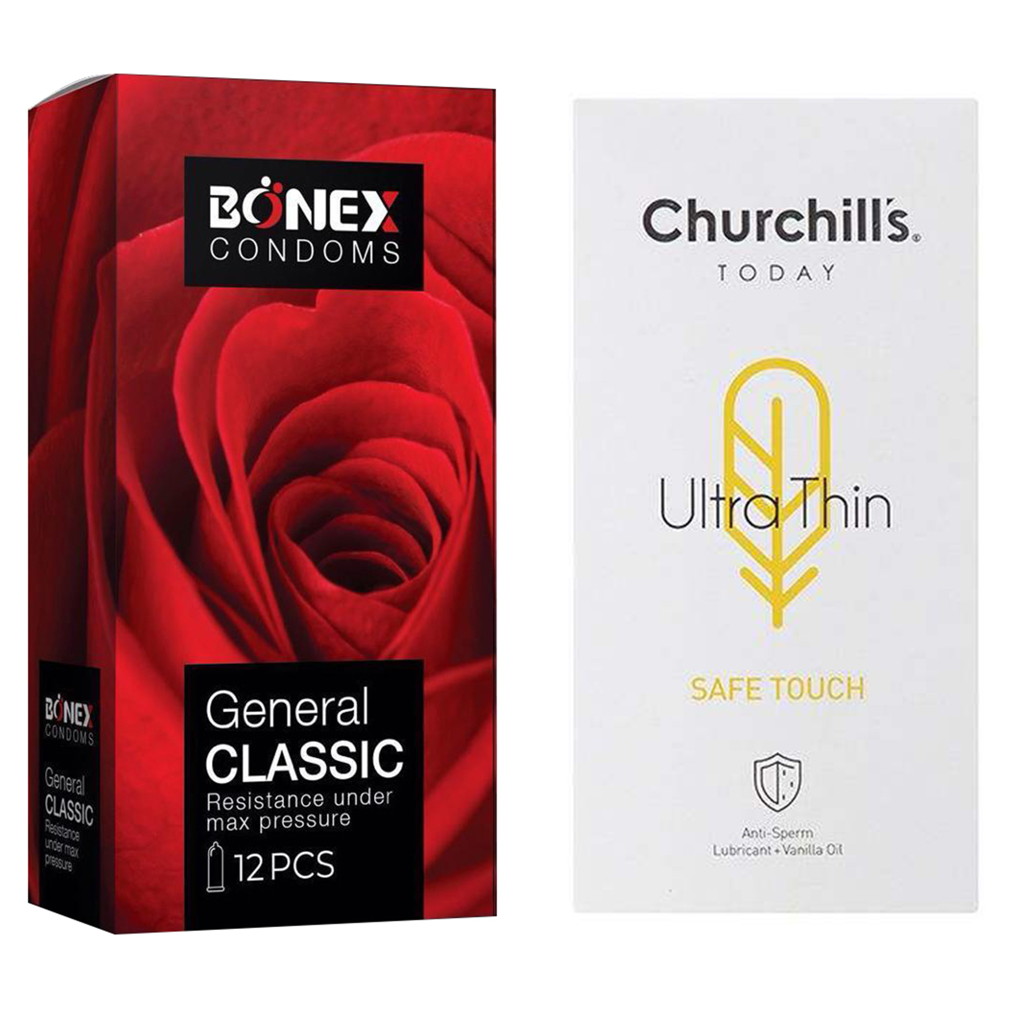 کاندوم چرچیلز مدل Safe Touch بسته 12 عددی به همراه کاندوم بونکس مدل General Classic بسته 12 عددی 
