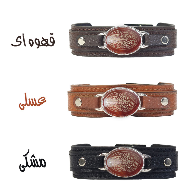 دستبند مدل چرم و عقیق طرح ومن یتق الله کد 111