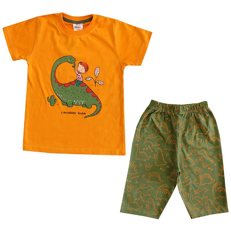 ست تی شرت و شلوارک پسرانه مدل دایناسور رنگ نارنجی