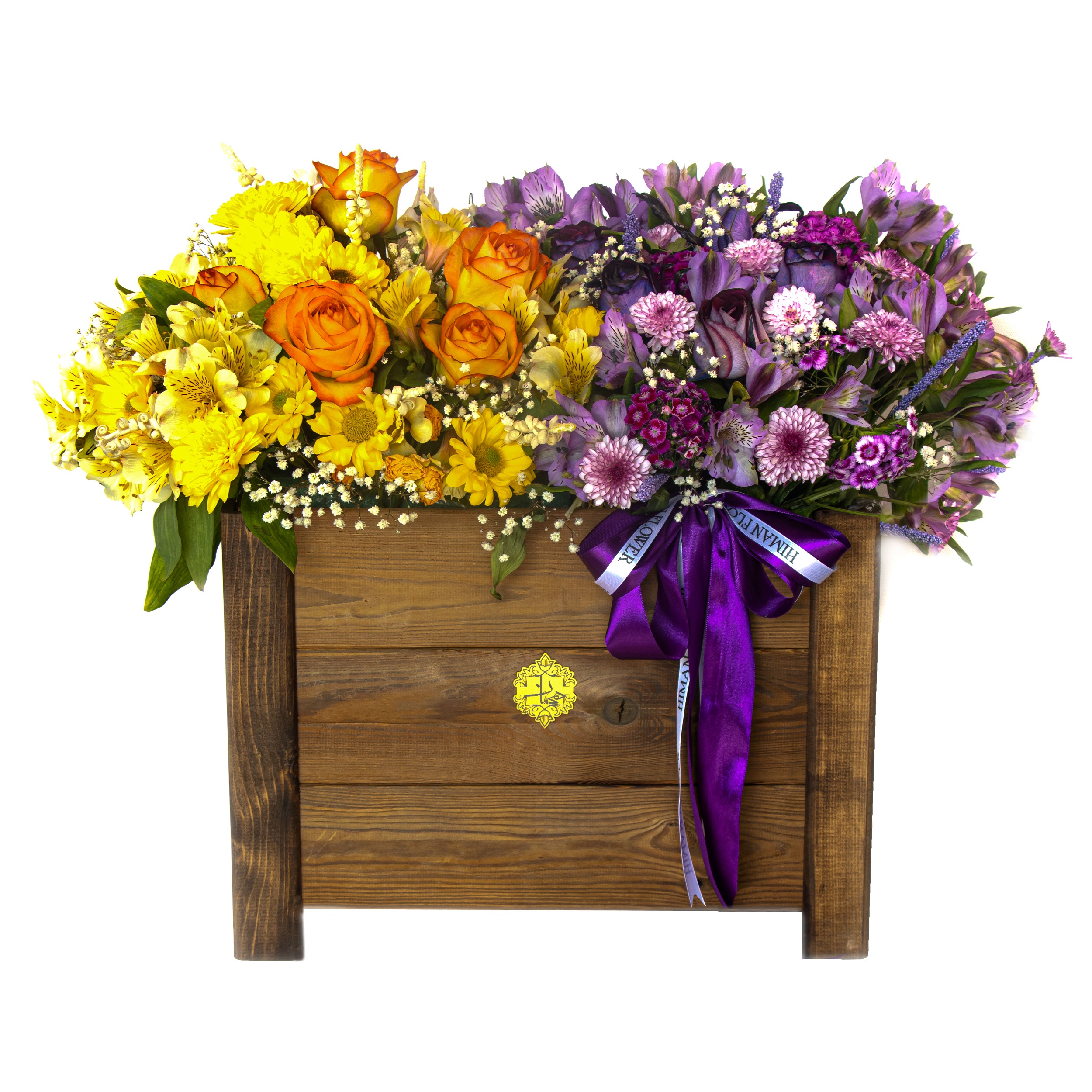 سبد گل طبیعی داودی مینیاتوری و رز و عروس و آلستر هیمان کد B204