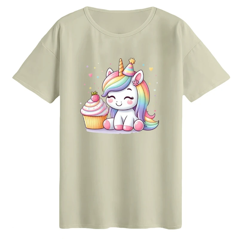 تی‌شرت لانگ آستین کوتاه زنانه مدل تک شاخ و کیک فنجانی