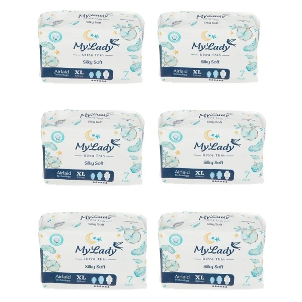مجموعه 6 عددی نوار بهداشتی شب مای لیدی مدل Silky Soft، سایز XL با ضخامت خیلی نازک، لایه رویی مشبک با جذب خیلی زیاد، بسته 7 عددی، ضد حساسیت، دارای نواحی محافظ رنگی و لایه رویی ثانویه محافظ لباس زير، سيستم چسب بارکدی