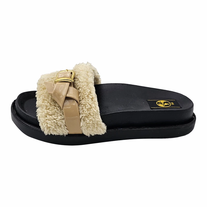 دمپایی زنانه سیی مدل کمربندی پشمالو کد 2170.3