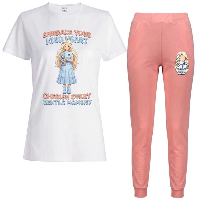 ست تی‌شرت آستین کوتاه و شلوار راحتی زنانه مدل عروسک