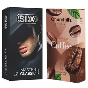 کاندوم چرچیلز مدل Coffee بسته 12 عددی به همراه کاندوم سیکس مدل کلاسیک بسته 12 عددی 