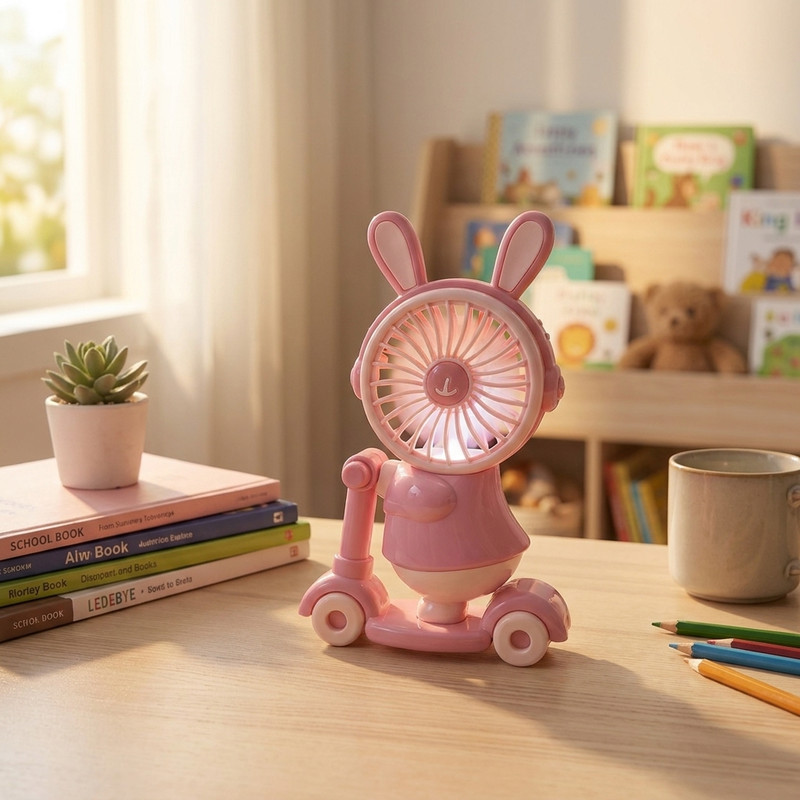 پنکه‌ رومیزی شارژی مدل خرگوش اسکوتری با مداد تراش چراغ دار کد Bunny Ride USB