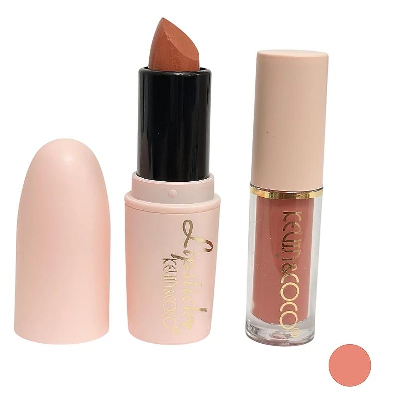 رژلب جامد مات کوین اند کوکو مدل قلبی رنگ گلبهی شماره 02 به همراه رژلب مایع کوین اند کوکو شماره 02