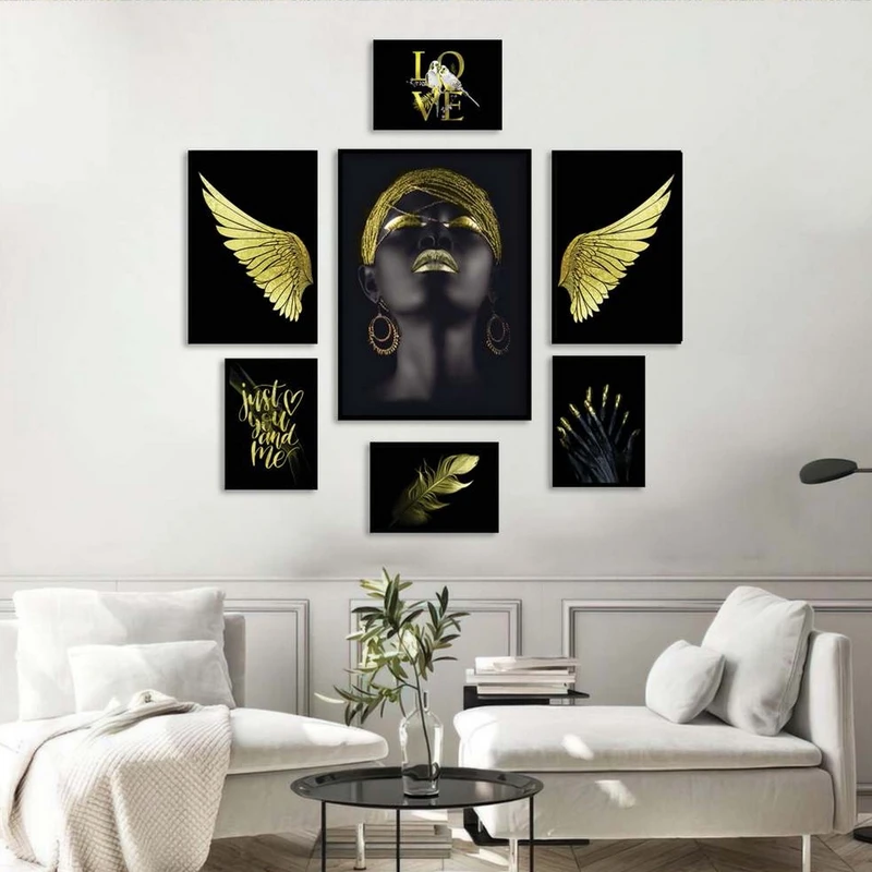 تابلو بکلیت طرح چهره آفریقایی و بال فرشته مدل شاین اکلیلی B-2231 فریم مشکی مجموعه 7 عددی