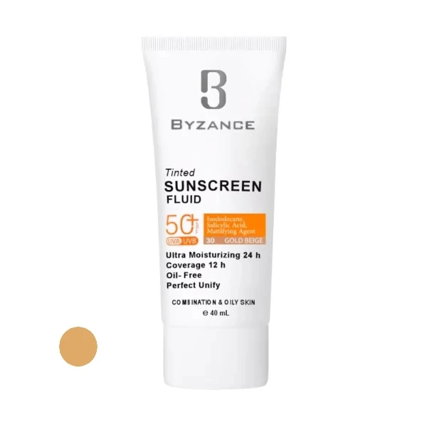 کرم ضد آفتاب رنگی صورت بیزانس SPF 50 مدل Gold Beight 30 ‌محافظ در برابر UVA/UVB مناسب برای پوست چرب و مختلط حجم 40 میلی‌لیتر