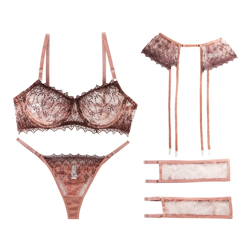 ست سوتین و شورت زنانه برتا مدل توری فنردار کد 4041BR به همراه بند و نگهدارنده جوراب