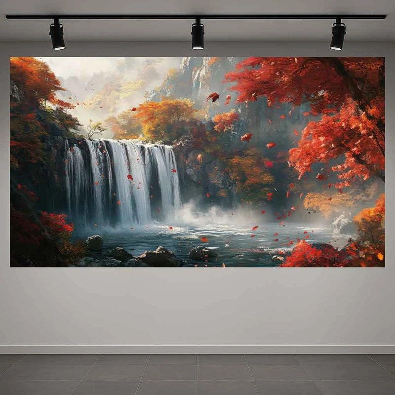 پوستر پارچه ای طرح مخمل  نقاشی آبشار مدل طبیعت پاییزی کد AR3061629