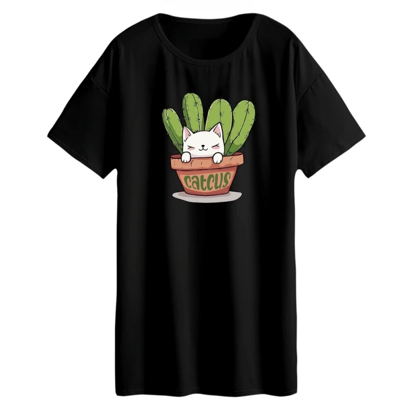 تی شرت لانگ زنانه مدل کاکتوس و گربه کد 2