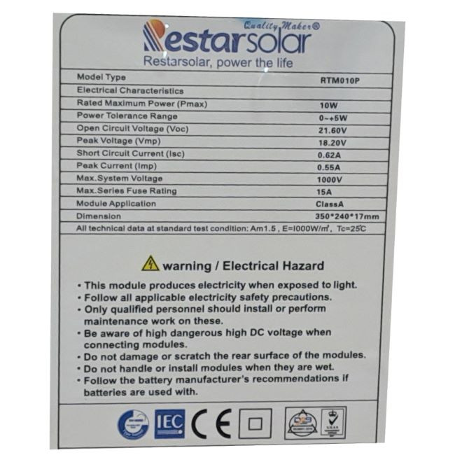 پنل خورشیدی پلی کریستال رستار سولار مدل RTM010P ظرفیت 10 وات