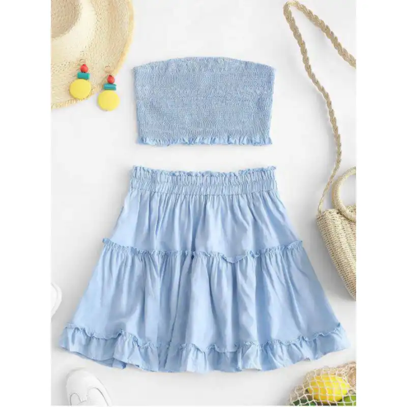 ست نیم تنه و دامن زنانه مدل تابستانی رنگ آبی آسمانی