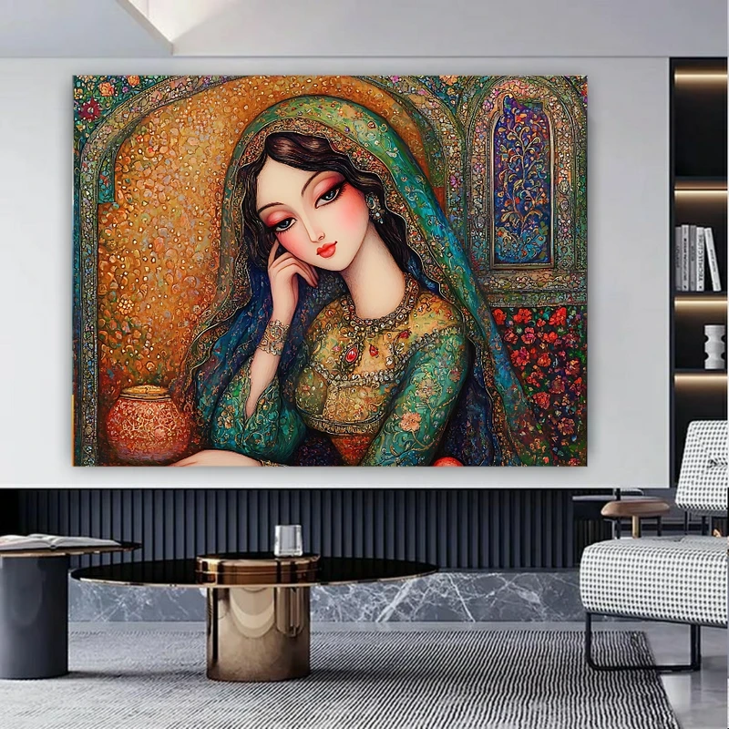 پوستر پارچه ای طرح مخمل  پرتره هنری مدل زن با لباس سنتی ایرانی کد FP106595