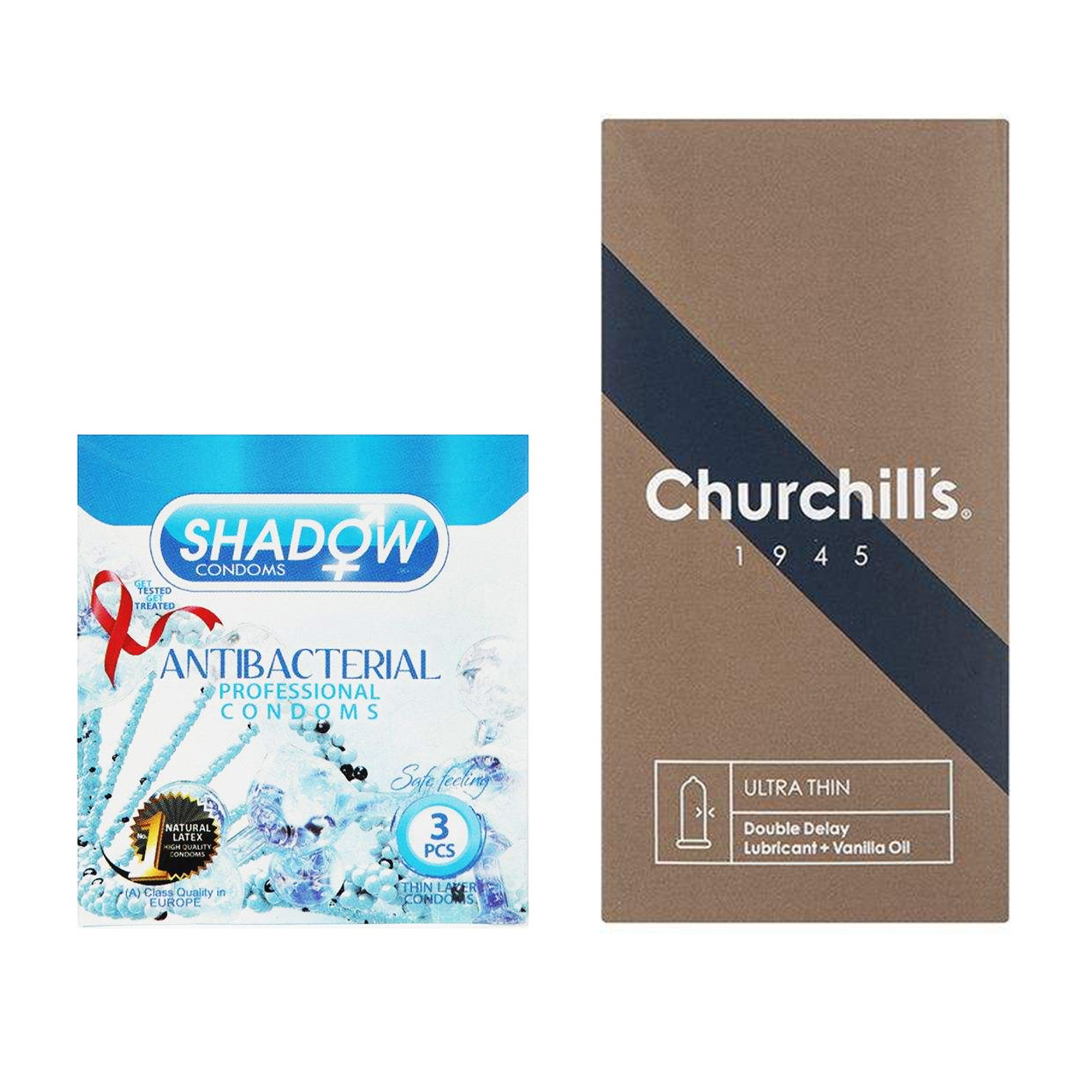 کاندوم چرچیلز مدل Ultra Thin Double Delay بسته 12 عددی به همراه کاندوم شادو مدل Anti Bacterial بسته 3 عددی