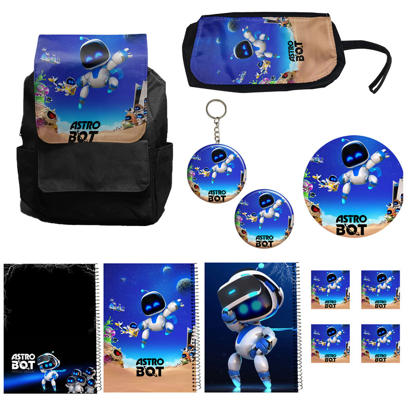 بسته لوازم تحریر مدل کوله پشتی طرح آسترو بات مدل Astro Bot کد 02 به همراه دفتر مشق و جامدادی و زیر لیوانی و جاکلیدی مجموعه 12 عددی