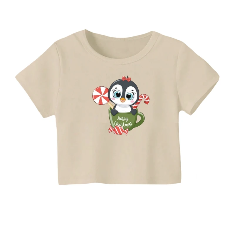 کراپ‌ تی‌شرت آستین کوتاه زنانه مدل پنگوئن کریسمس کد 5