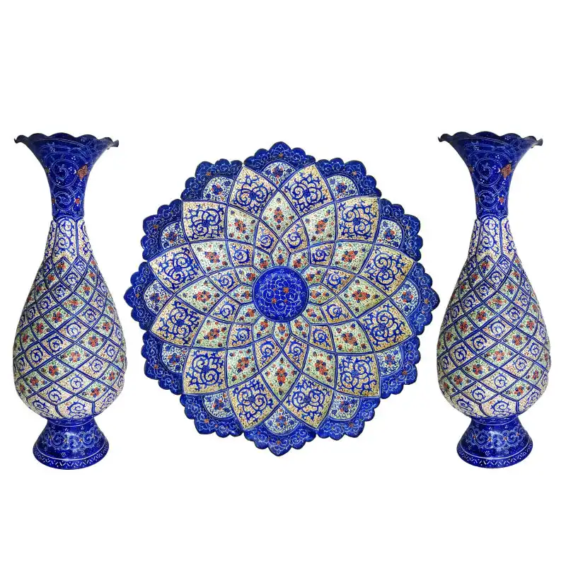 ست 3 تکه گلدان و بشقاب میناکاری کد 0025