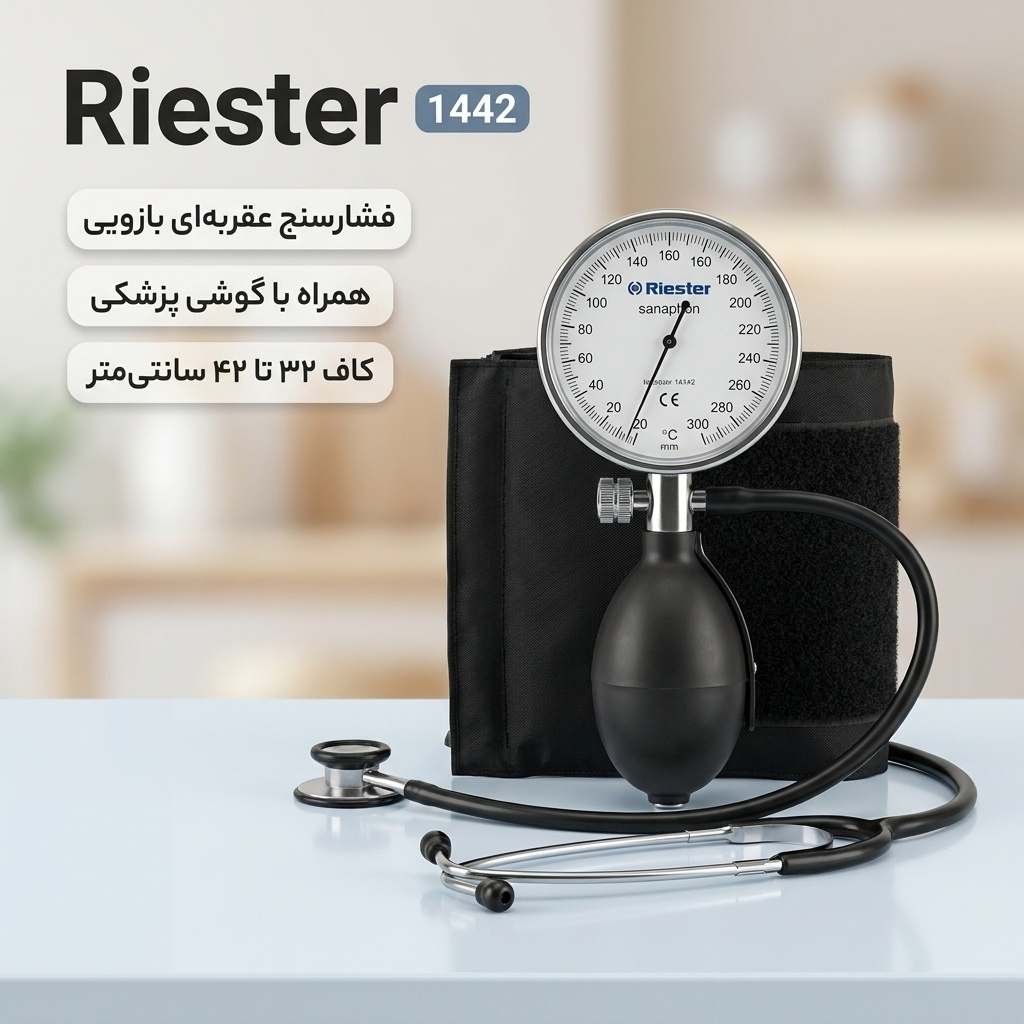 فشارسنج عقربه‌ای بازویی ریشتر مدل 1442 همراه با گوشی پزشکی، سایز بازو 32 تا 42 سانتی‌متر، بدون نیاز به منبع انرژی