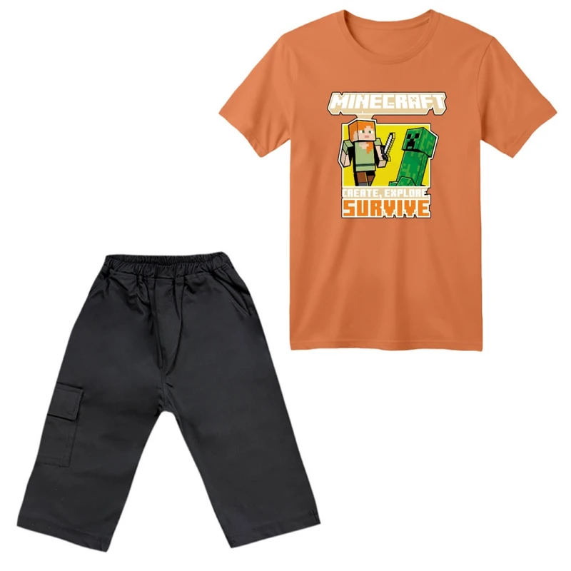 ست تی‌شرت آستین کوتاه و شلوارک پسرانه مدل ماینکرفت کد 04