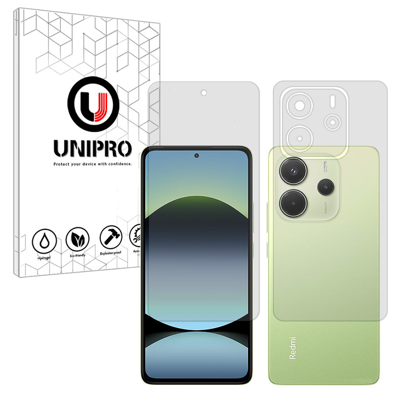 محافظ صفحه نمایش شفاف یونی پرو مدل Explosion Proof مناسب برای گوشی موبایل شیائومی Redmi Note 14 4G به همراه محافظ پشت گوشی