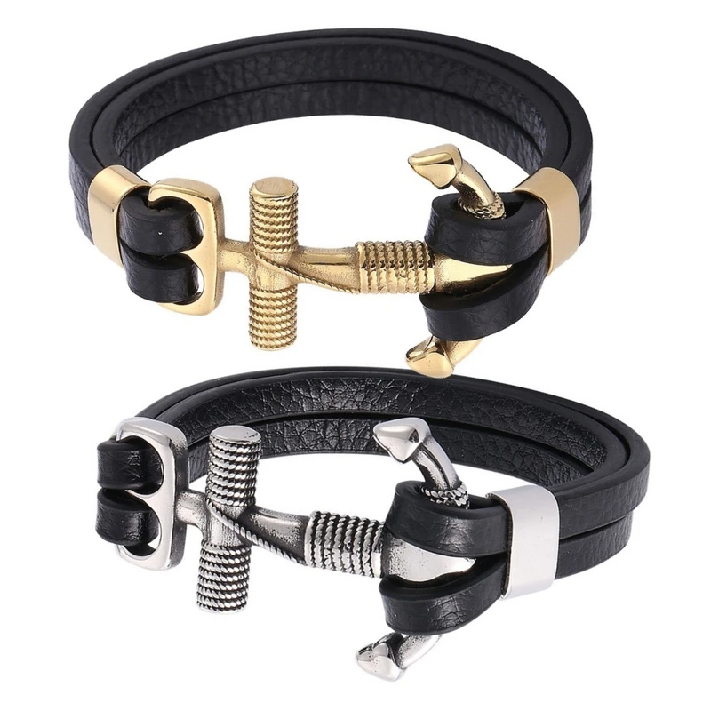 دستبند مردانه گالری گوهرسنگ مدل چرمی OT_386 مجموعه دو عددی