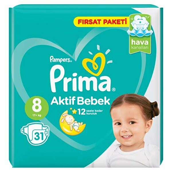 پوشک کودک پریما مدل Aktif bebek سایز 8 بسته 31 عددی