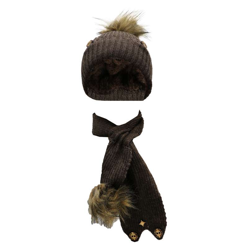 ست کلاه و شال گردن بافتنی بچگانه مدل SA رنگ قهوه ایی