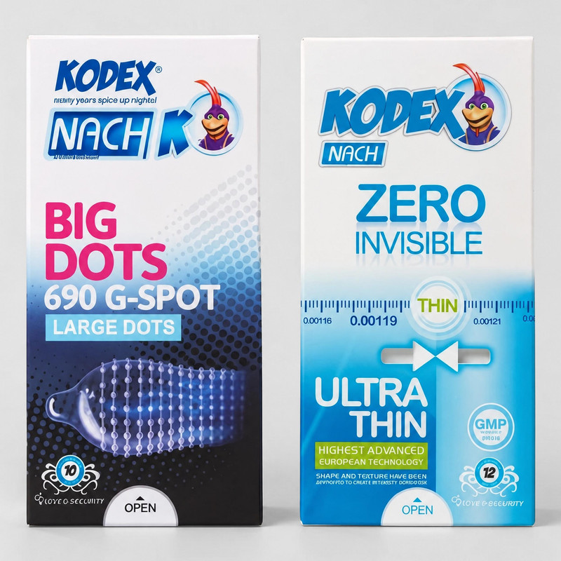 کاندوم خاردار ناچ کدکس مدل بیگ دات بسته 10 عددی به همراه کاندوم کلاسیک ناچ کدکس مدل ZERO INVISIBLE بسته 12 عددی