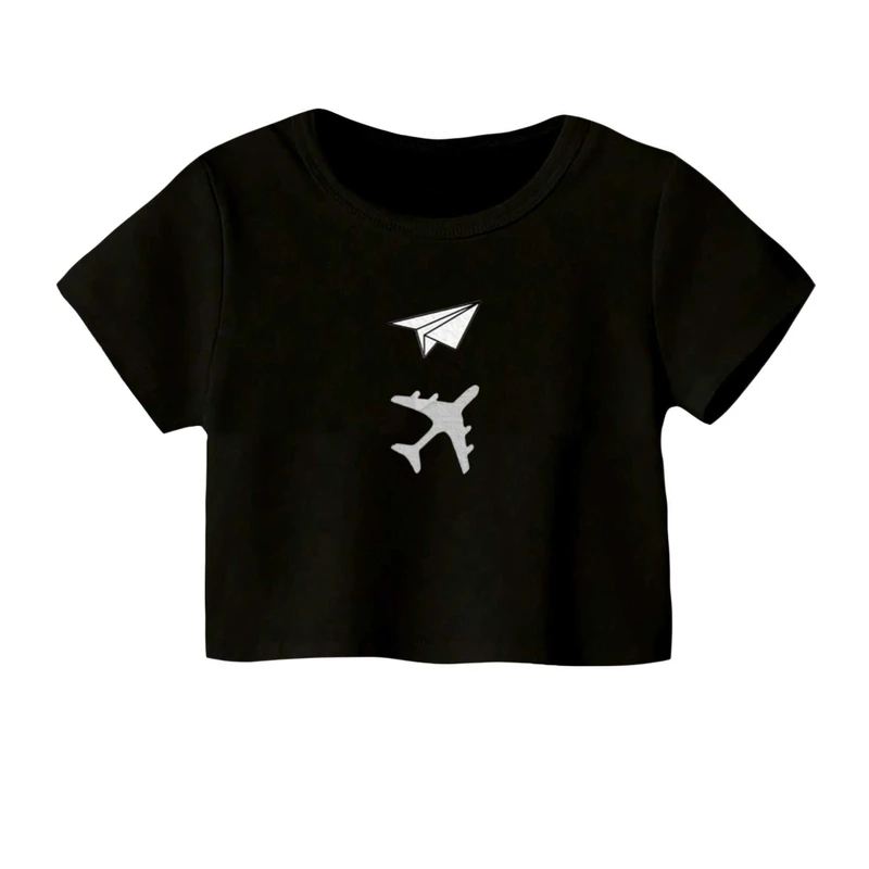 کراپ‌ تی‌شرت آستین کوتاه زنانه مدل هواپیما و موشک کاغذی