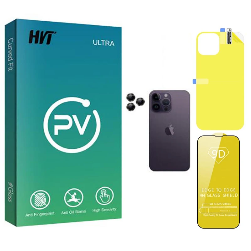 محافظ صفحه نمایش اچ وی تی مدل PV مناسب برای گوشی موبایل اپل iPhone 14 pro max به همراه محافظ پشت گوشی و لنز دوربین