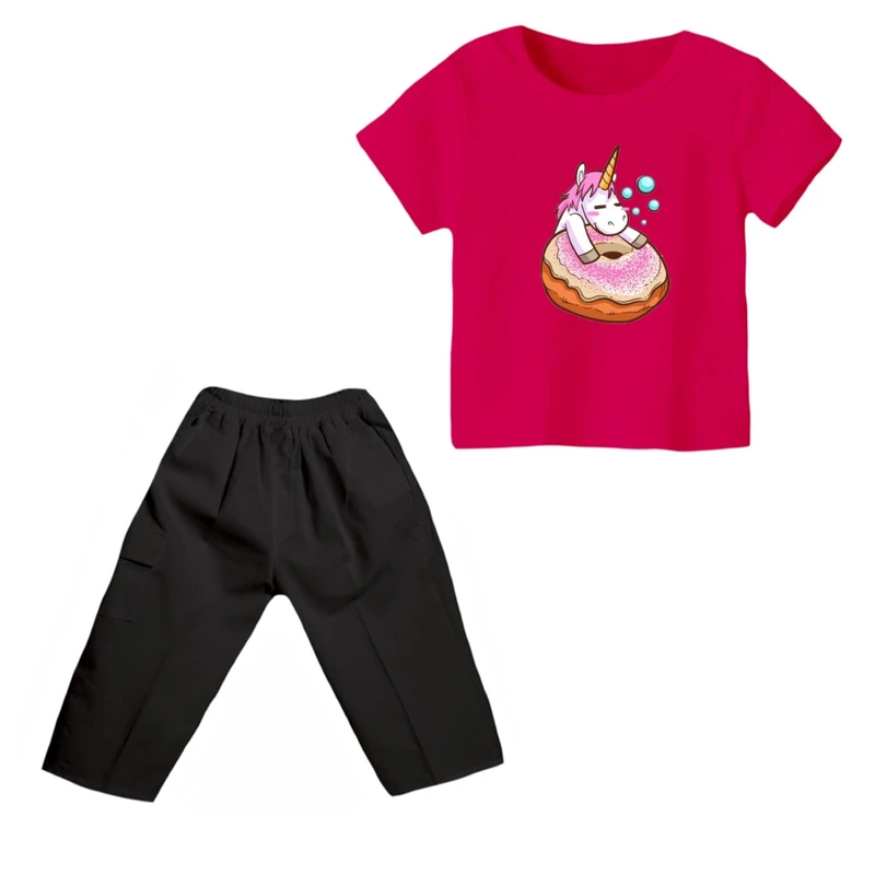 ست تی شرت و شلوارک دخترانه مدل یونیکورن کد ۶ رنگ سرخابی