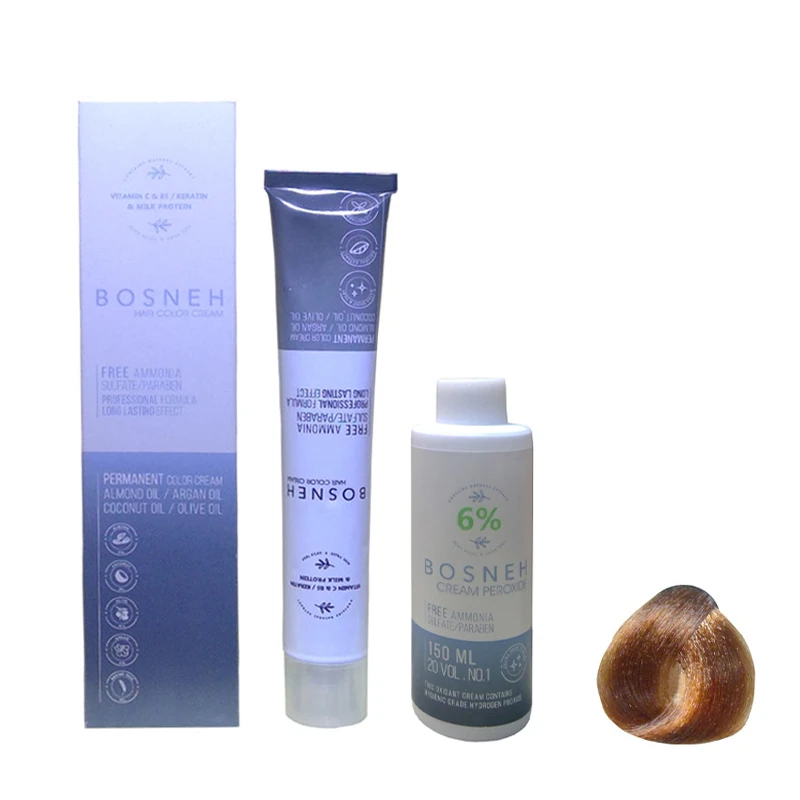 رنگ مو بوسنه مدل FREE AMMONIA شماره 6.43 حجم 100 میلی لیتر رنگ طلایی قهوه ای مسی روشن به همراه اکسیدان بوسنه مدل 20vol شش درصدی حجم 150 میلی لیتر