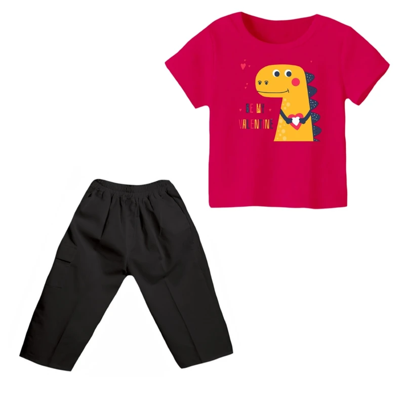 ست تی شرت و شلوارک پسرانه مدل دایناسور کد ۳۴ رنگ سرخابی