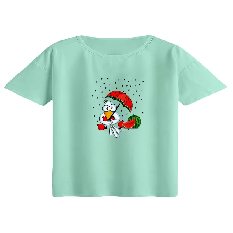 کراپ تی‌شرت آستین کوتاه زنانه مدل کلاغ و هندوانه یلدایی