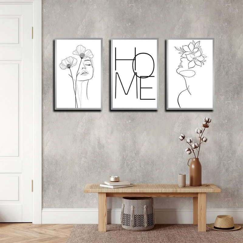 تابلو بکلیت طرح دکوراتیو و مینیمال چهره مدل SI-3940 فریم نقره ای مجموعه 3 عددی