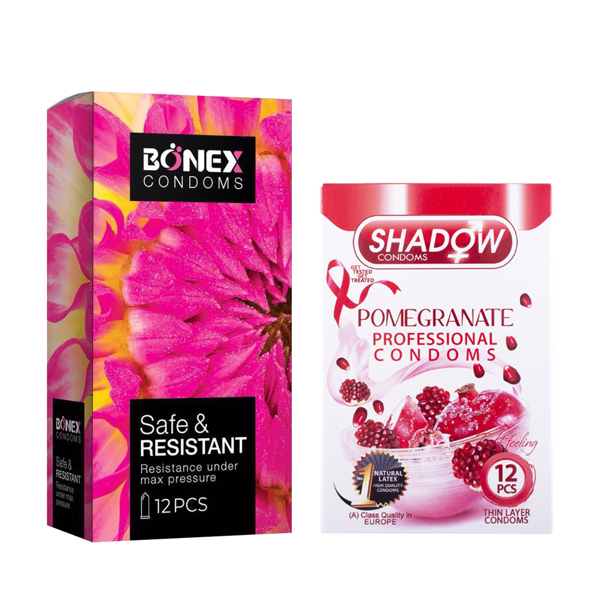 کاندوم بونکس مدل Safe & Resistant بسته 12 عددی به همراه کاندوم شادو مدل Pomegranate بسته 12 عددی
