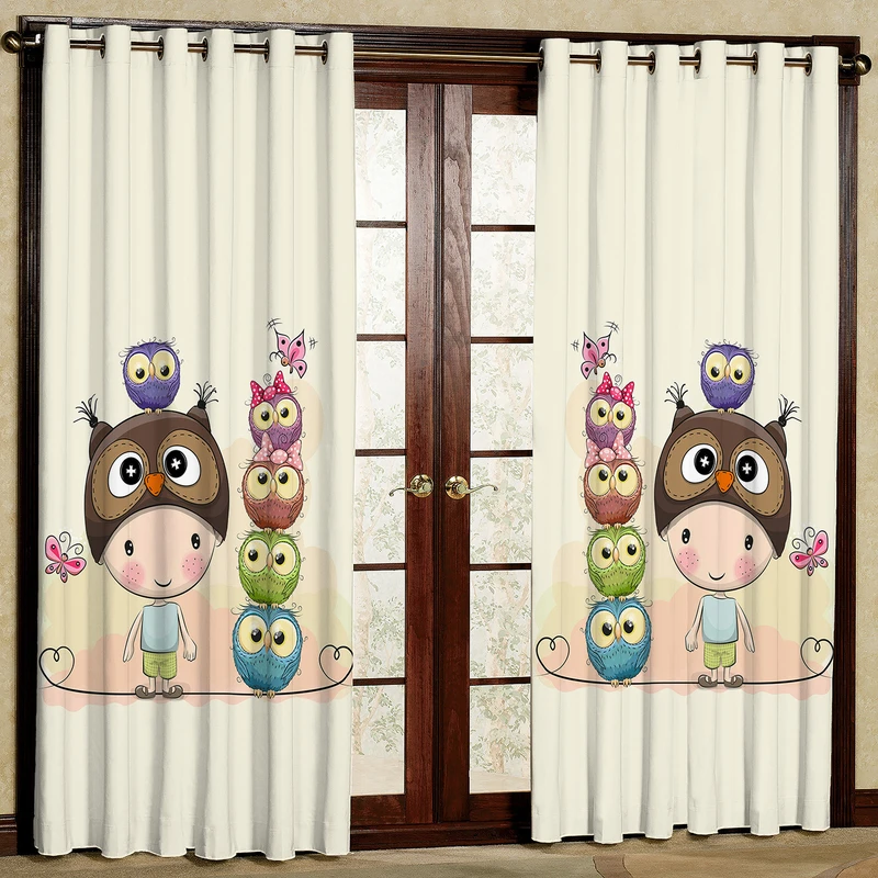   پرده مدل جغد رنگارنگ و بچه مخمل پانچی کد 1024 سایز 140x280 سانتی متر