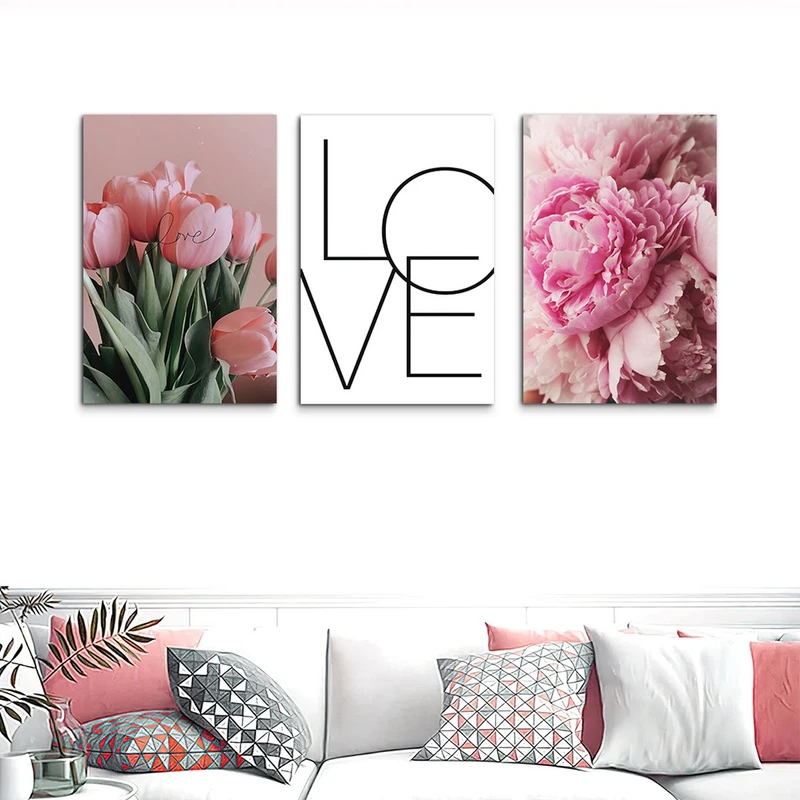 تابلو شاسی بکلیت طرح گل رز صورتی و عشق مدل SH-1017 مجموعه 3 عددی