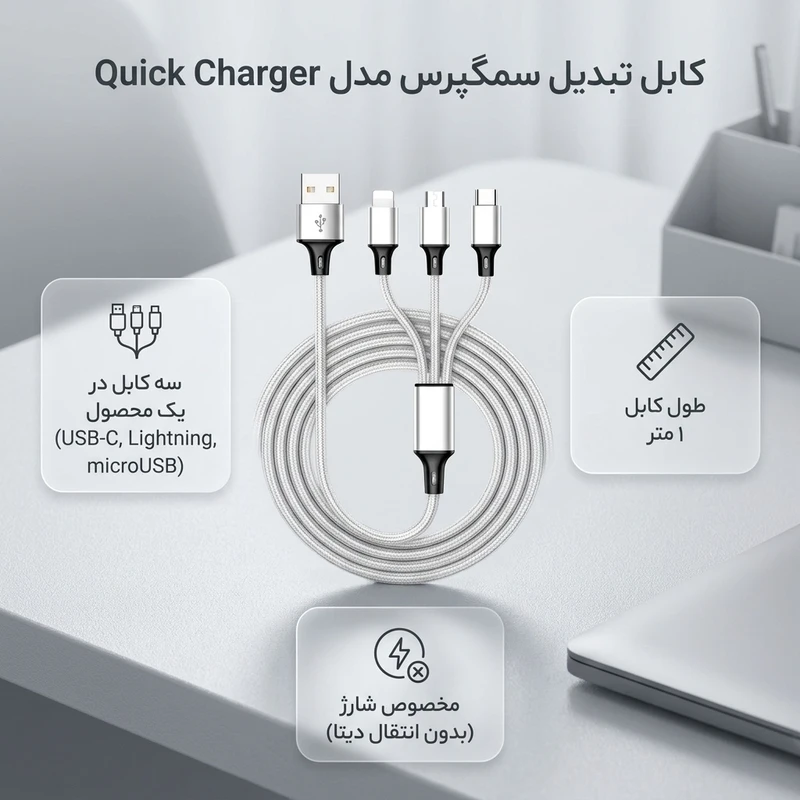 عکس شماره 2 : کابل تبدیل usb به microusb-usb-c-لایتنینگ سمگپرس مدل quick charger طول 1 متر
