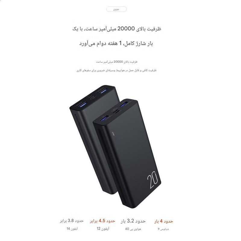 پاور بانک جووی مدل JP-302 ظرفیت 20000 میلی آمپرساعت