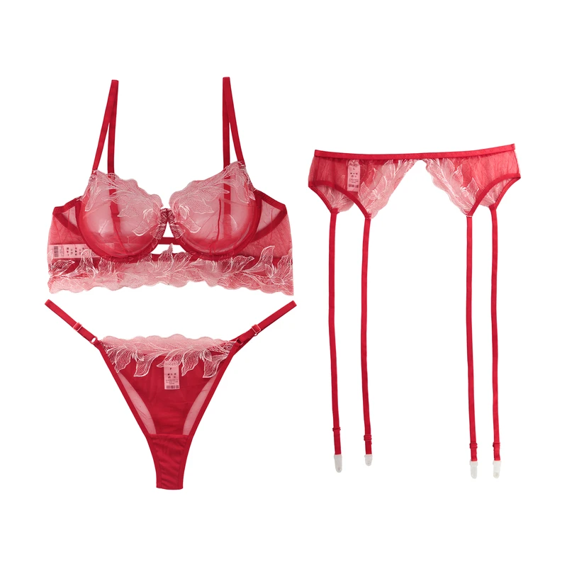 ست سوتین و شورت زنانه برتا مدل توری کد 4032R به همراه نگهدارنده جوراب