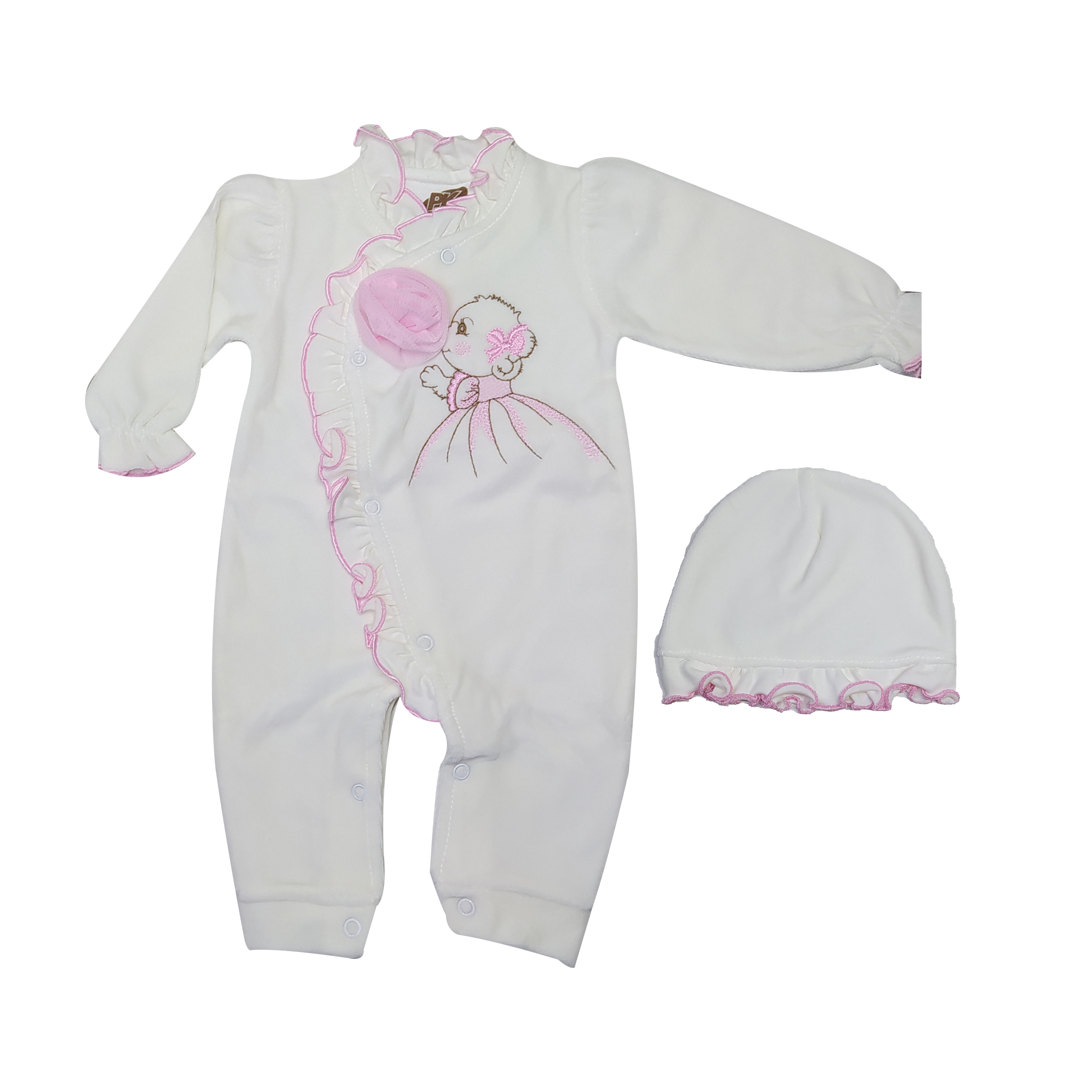 ست سرهمی و کلاه نوزادی مدل پوم رنگ صورتی