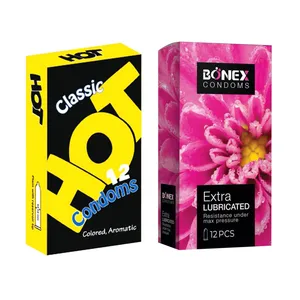 کاندوم بونکس مدل Extra Lubricated بسته 12 عددی به همراه کاندوم هات مدل Classic Aromatic بسته 12 عددی
