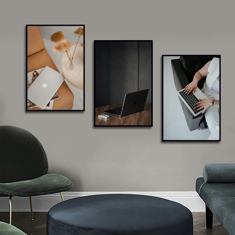 تابلو بکلیت طرح کامپیوتر و لپ تاپ مدل شاین اکلیلی B-2972 فریم مشکی مجموعه 3 عددی