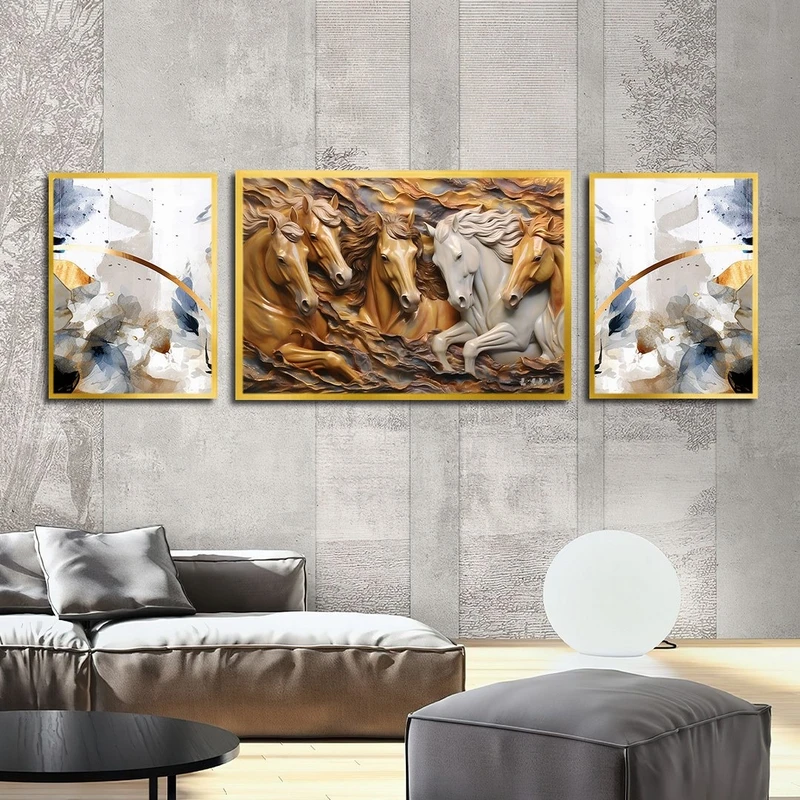 تابلو ساده بکلیت طرح نقاشی آبرنگی و اسب مدل شاین اکلیلی T-2532 فریم طلایی مجموعه 3 عددی