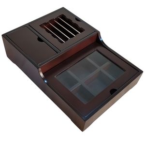 جعبه پذیرایی تی بگ وارمر پله کد 1، جنس MDF، مناسب گرم نگهداشتن دمنوش و چای، دارای 6 پارت کوچک برای تنقلات و چای و 1 پارت بزرگ برای نبات و نسکافه