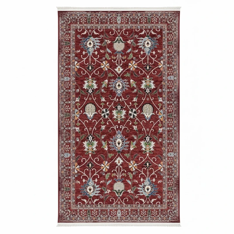 فرش ماشینی 1200 شانه زمینه قرمز لاکی حاشیه الوان مدل وینتیج طرح سلطان آباد